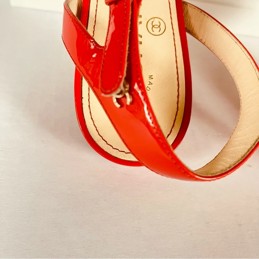 CHANEL coral red gold camellia studded flat sandals 38